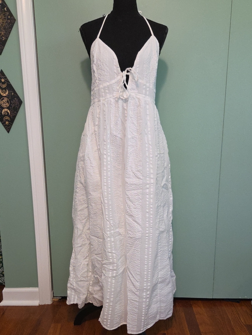 Aerie White 100% Cotton Halter Tie Back Flowy Maxi Summer Dress Size Large